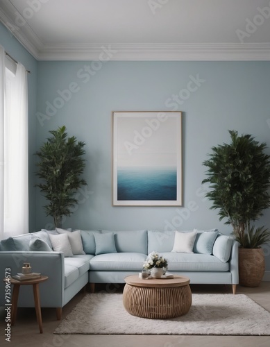 Modern interior with sofa  furniture  wooden coffee tables  tropical plants and elegant personal accessories in a stylish home decor. A bright living room.