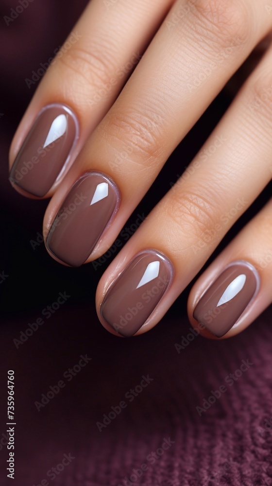 Beautiful glossy walnut or soft light brown nude manicure, vertical photo, Beautiful glossy walnut or soft light brown nude manicure, vertical photo,