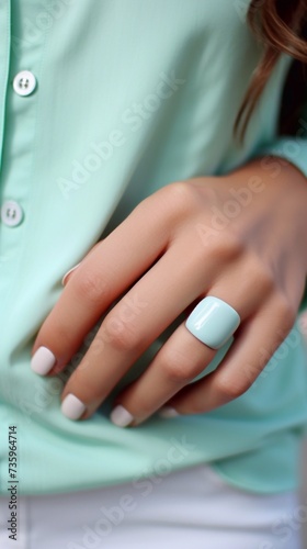 Beautiful glossy white manicure on a turquoise background  vertical photo