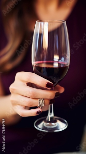 beautiful manicure of color, burgundy, red in hands with a glass of red wine