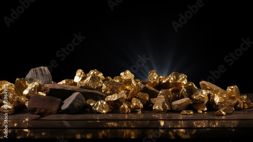 Golden beads on dark background. Golden nuggets of varying sizes scattered