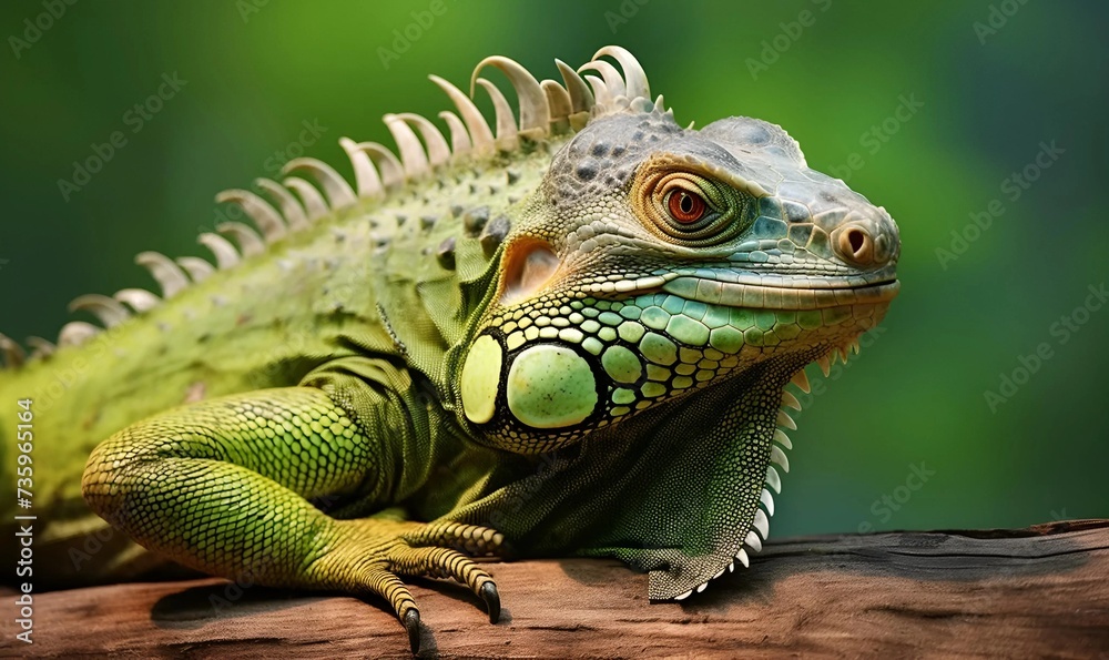 Beautiful green iguana closeup head on wood