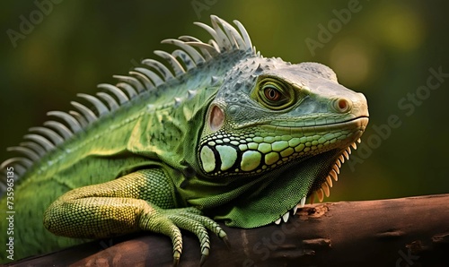 Beautiful green iguana closeup head on wood