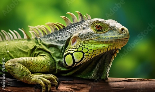 Beautiful green iguana closeup head on wood