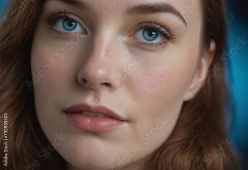 Close-up macro portrait of a female face. A woman with open blue eyes and daytime cosmetic makeup. A girl with perfect skin and freckles. © Алексей Ковалев