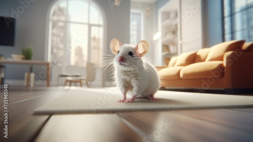 Mouse or cute rat in a bright apartment. Live room on blurred background photo