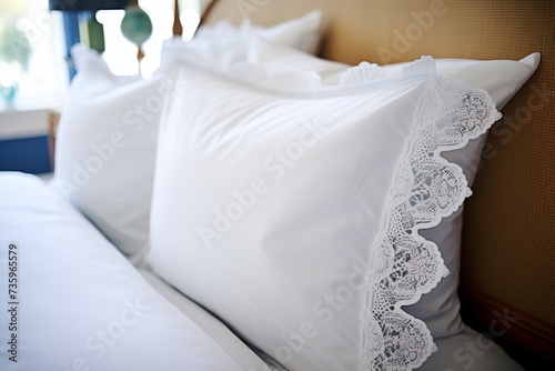 detailed shot of lacetrimmed pillow shams on a plush bed photo