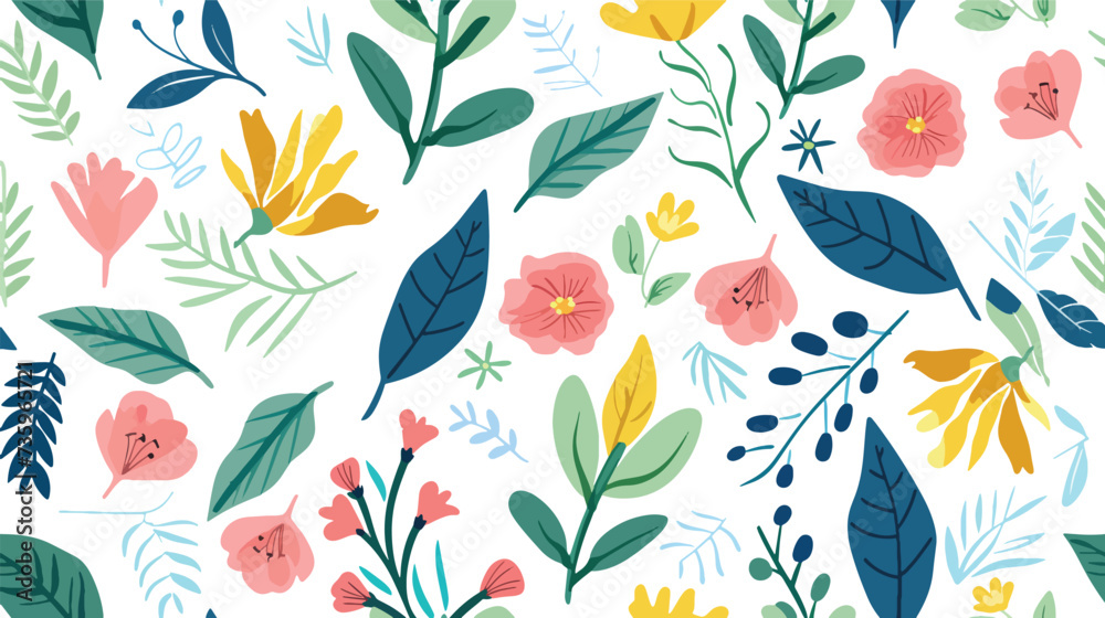 Seamless pattern with flowers and leaves. Flat.