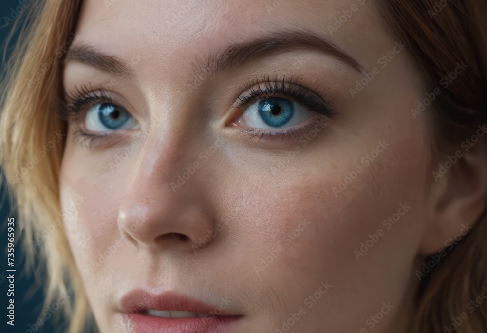 Close-up macro portrait of a female face. A woman with open blue eyes and daytime cosmetic makeup. A girl with perfect skin and freckles. Close-up macro portrait of a female face. A woman with open blue eyes and daytime cosmetic makeup. A girl with perfect skin and freckles.