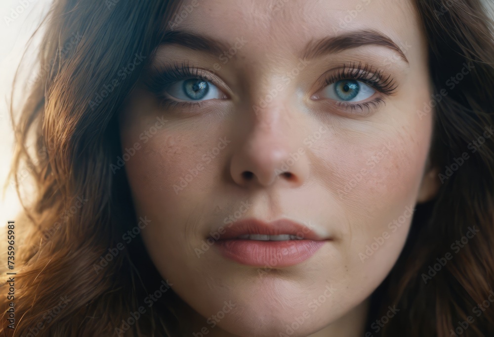 Close-up macro portrait of a female face. A woman with open blue eyes and daytime cosmetic makeup. A girl with perfect skin and freckles. Close-up macro portrait of a female face. A woman with open blue eyes and daytime cosmetic makeup. A girl with perfect skin and freckles.