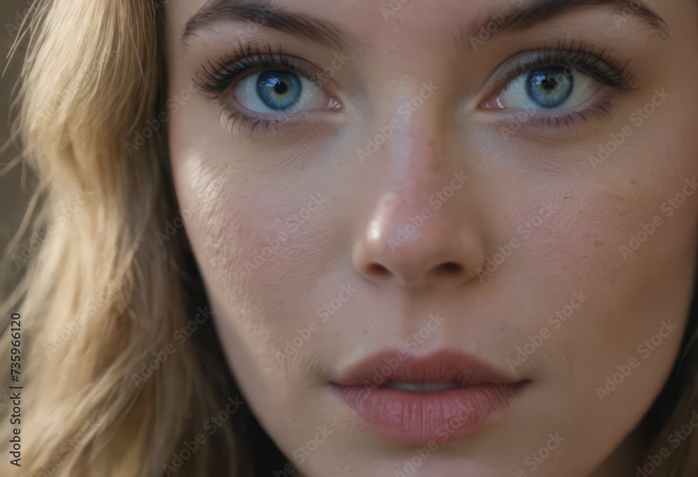 Close-up macro portrait of a female face. A woman with open blue eyes and daytime cosmetic makeup. A girl with perfect skin and freckles. Close-up macro portrait of a female face. A woman with open blue eyes and daytime cosmetic makeup. A girl with perfect skin and freckles.