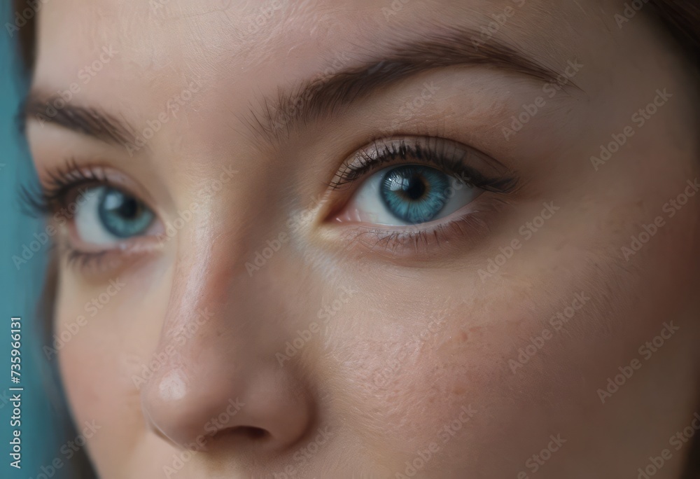 Close-up macro portrait of a female face. A woman with open blue eyes and daytime cosmetic makeup. A girl with perfect skin and freckles. Close-up macro portrait of a female face. A woman with open blue eyes and daytime cosmetic makeup. A girl with perfect skin and freckles.