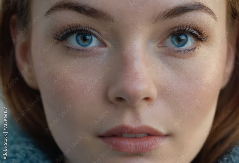 Close-up macro portrait of a female face. A woman with open blue eyes and daytime cosmetic makeup. A girl with perfect skin and freckles. Close-up macro portrait of a female face. A woman with open blue eyes and daytime cosmetic makeup. A girl with perfect skin and freckles.