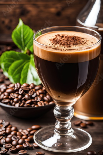 Fresh Espresso in a Clear Glass with Roasted Coffee Beans