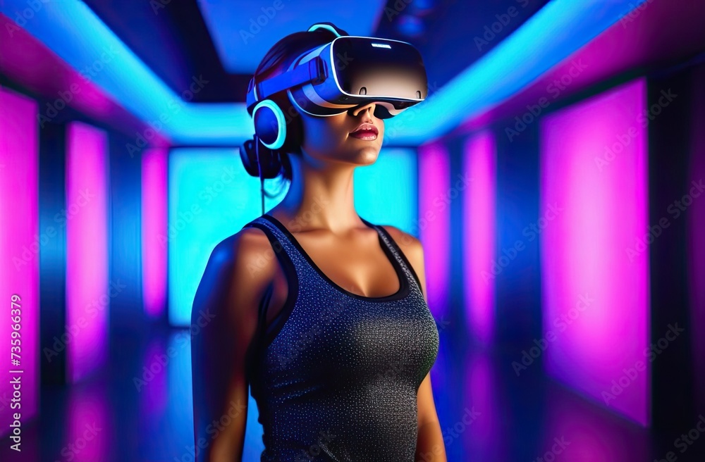 The portrait of young people wearing VR glasses, holographic and neon gradient colors. Technology, Contemporary art, Virtuality, video games concept. The portrait of young people wearing VR glasses, holographic and neon gradient colors. Technology, Contemporary art, Virtuality, video games concept.
