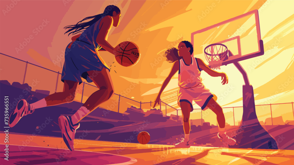 Two girls playing basketball. Sports illustration.