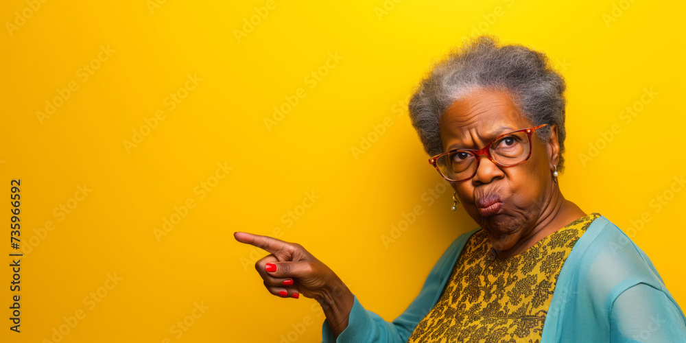 Grumpy senior black woman looking at camera with resentment and ...