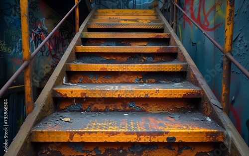 Urban Climb: Weathered Orange Stairs Amidst Graffiti-Splashed Walls photo