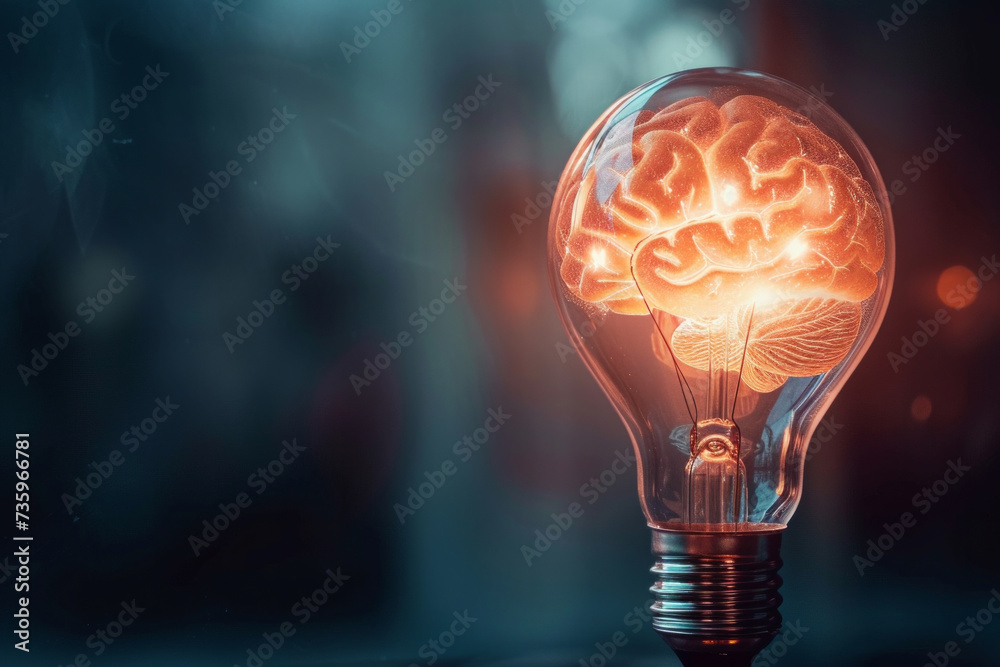 Human brain glowing inside of light bulb on dark background. Light Of Brainstorm. golden brain glowing inside light bulb. Creative Idea Concept Human brain glowing inside of light bulb on dark background. Light Of Brainstorm. golden brain glowing inside light bulb. Creative Idea Concept