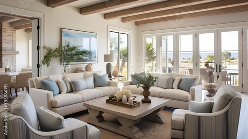 beautiful small space casual living family room soft neutral wood beams and a gorgeous grouping of swivel color fabric chairs around a striking coffee table coastal design nature freshness home photo