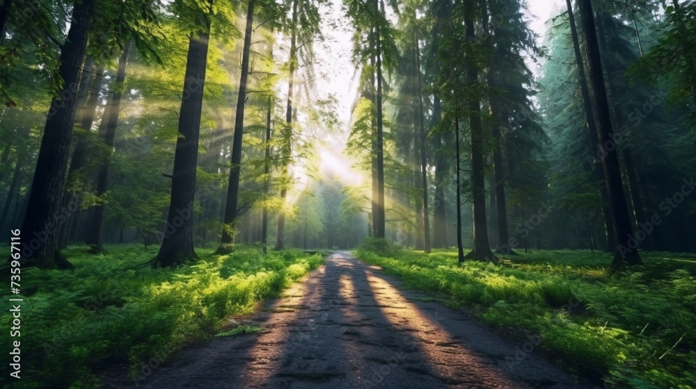 Fototapeta premium Beautiful sunrise in green forest Ai Generative