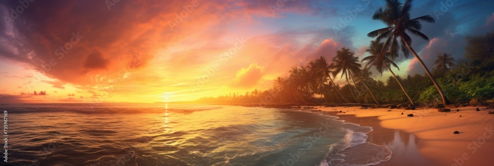 Amazing sunset on a sandy beach with palm trees in the background. - obrazy, fototapety, plakaty 