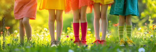 Legs of five children dressed in colorful clothes, on sunny flowering meadow on summer day. photo