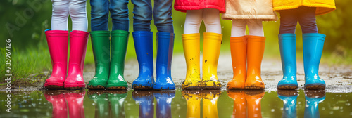 Close-up on children legs in colorful wellie boots standing in a puddle. Kids jumping over puddles in colorful rain boots.