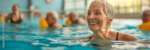 Cheerful senior lady exercising in swimming pool. Group of mature women doing gymnastics in the gym pool. Healthy lifestyle for elderly people.