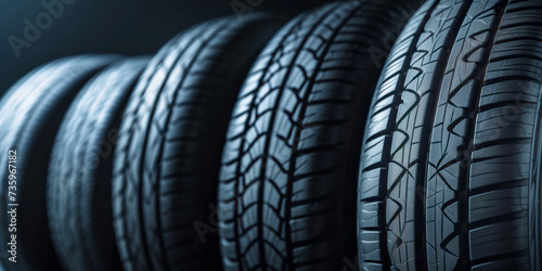 Car tires in a stack, on solid background, with copy space.