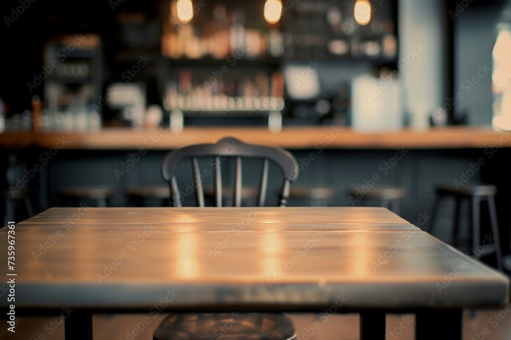 empty table and chair, blurred bar counter with stools behind