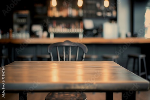 empty table and chair, blurred bar counter with stools behind