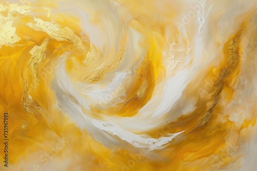 Gold and white fluid abstract painting with luxurious swirls and texture.