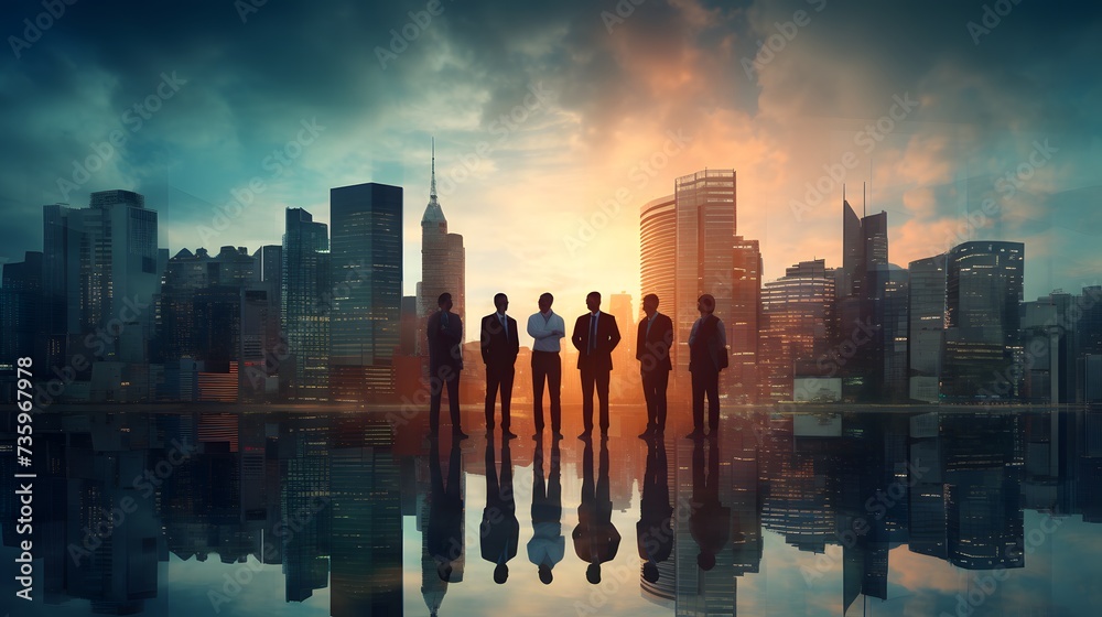 business partnership agreement ideas concept group of silhouette business teamwork standing together with background of downtown urban city office building background multi exposure - obrazy, fototapety, plakaty 