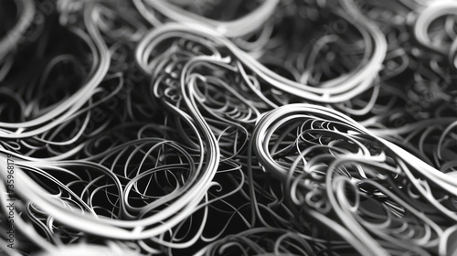 Close-up of tangled silver wires. Abstract technology and complexity concept.