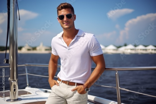 Smiling man sailing his yacht on a sunny day