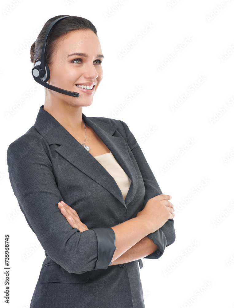 Businesswoman, headset and consultant in studio, customer service and crm on white background. Female person, call centre representative and tech support or assistant, contact and agent at helpdesk Businesswoman, headset and consultant in studio, customer service and crm on white background. Female person, call centre representative and tech support or assistant, contact and agent at helpdesk