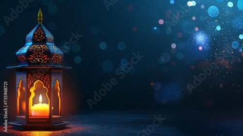 Ramadan Kareem - traditional Arabic lantern with candlelight in front of mosque at night © Ameer