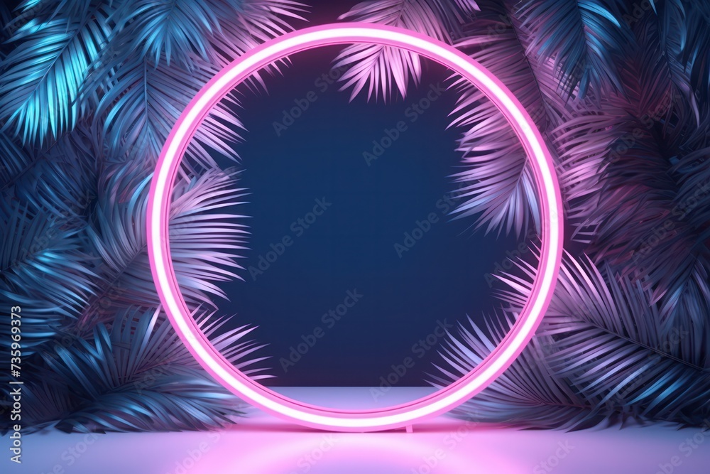 glowing round pink neon podium with palm tree leaves on blue background. Product , beauty cosmetics photography set design backdrop.	