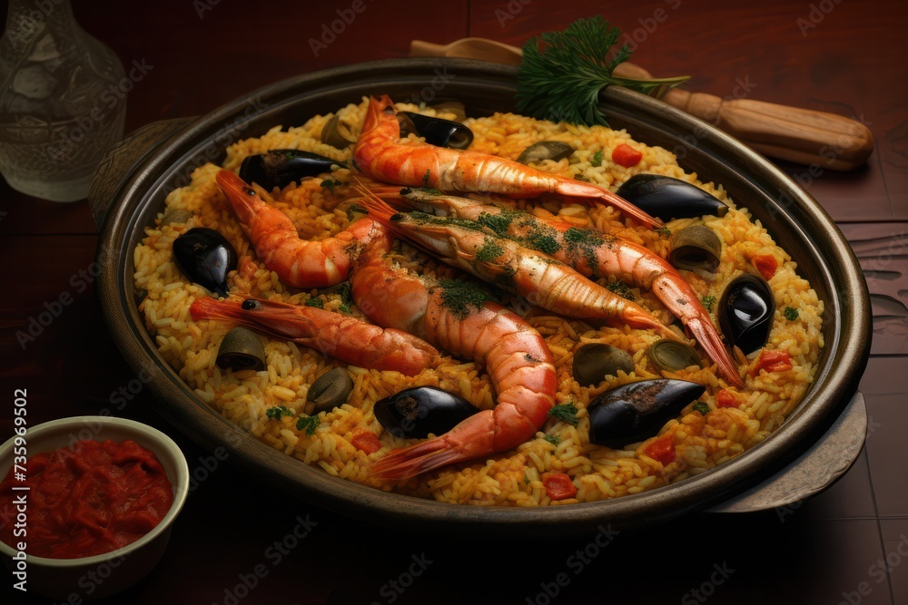 paella bogavante - spanish national traditional rice dish with lobster seafood. 