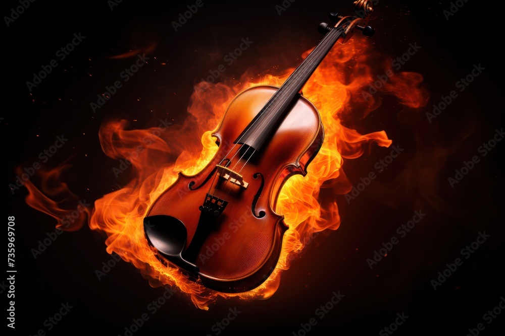 burning violin or cello on fire isolated on black. Passion for music, live concert flyer poster template.