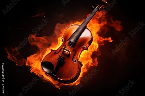burning violin or cello on fire isolated on black. Passion for music, live concert flyer poster template.