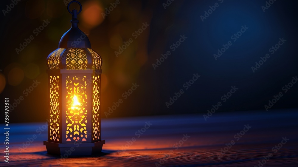 Ramadan Kareem - traditional Arabic lantern with candlelight in front of mosque at night