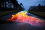 rainbow color gasoline and petrol on the road through the woods and forest at night. Eco fuel, carbon footprint concept.