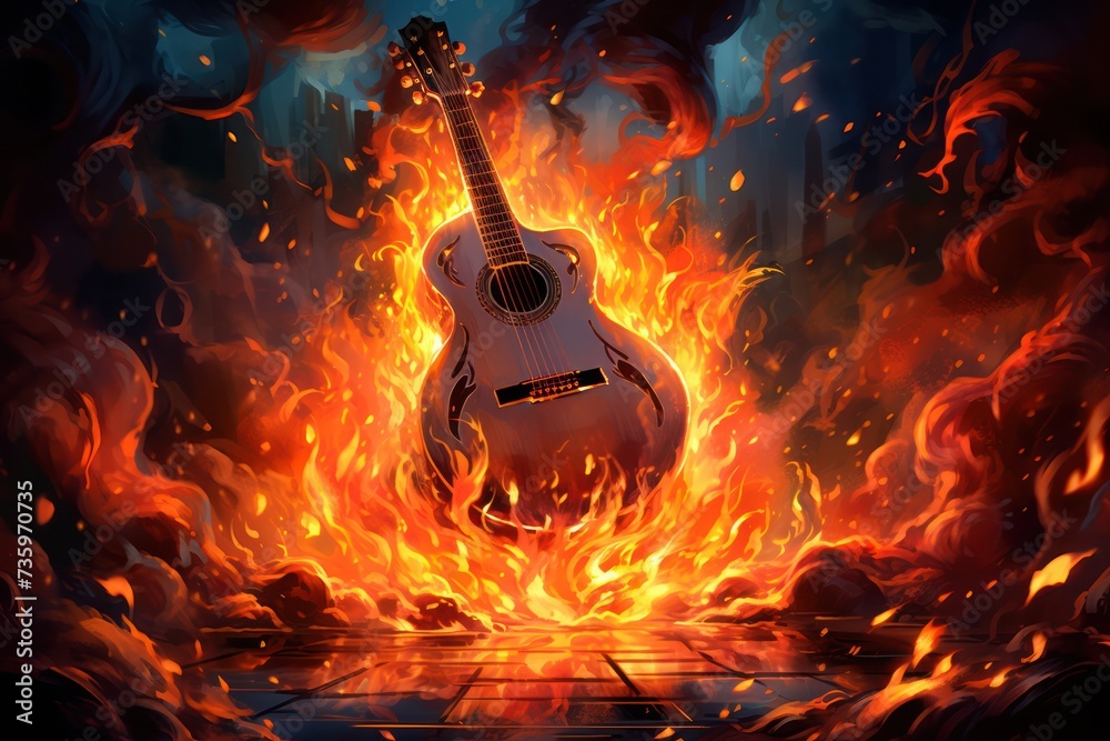 guitar on fire in flames. Passion for music. Musical instrument burning. - obrazy, fototapety, plakaty 