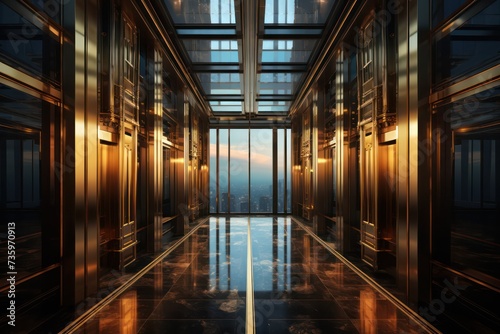 skyscraper building elevator shaft corridor. Grunge dark architecture background.