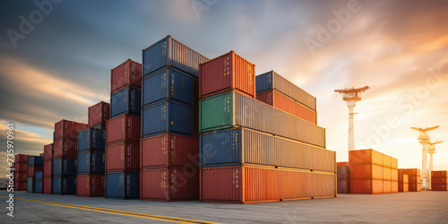 Industrial Cargo Trade: Containers of Shipping Goods, Stack of Metal Boxes in a Busy Harbor