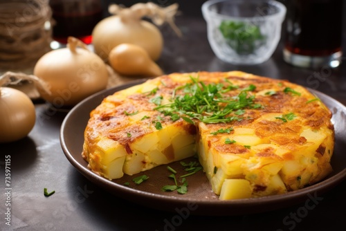 spanish potato omelette classic traditional breakfast dish. Tortilla de patata. Tapas in Spain.