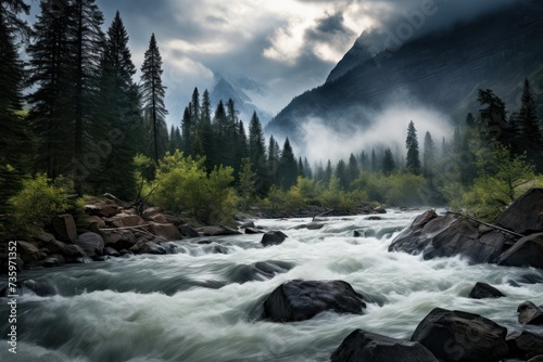 steep river in the mountains and trees misty scenic landscape with clouds