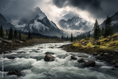 steep river in the mountains and trees misty scenic landscape with clouds © Dina